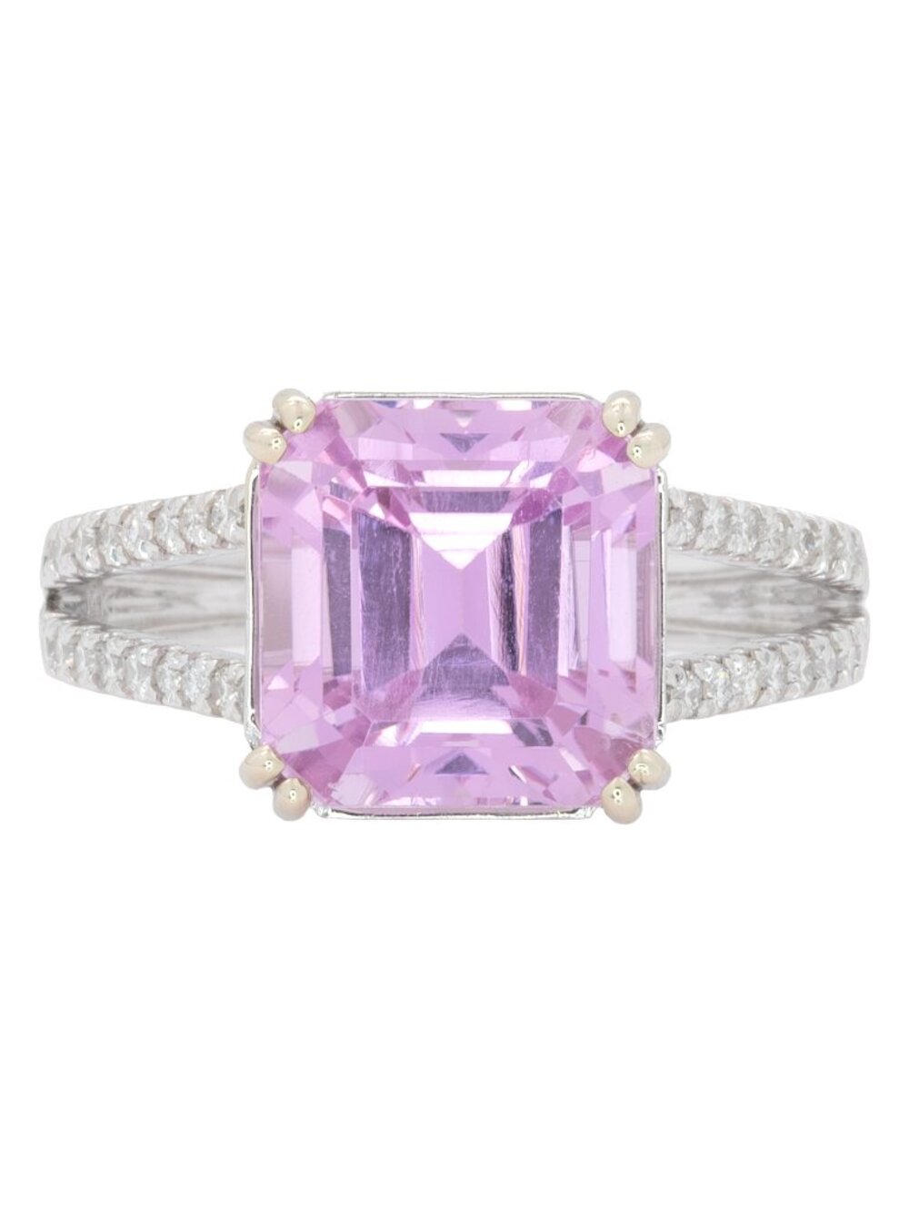 6.44Ct Kunzite & Natural Diamond Ring in Solid 14K White Gold with Split Shank